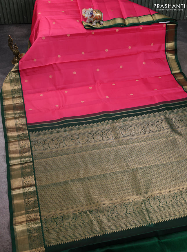 Pure kanchipuram silk saree peach pink and bottle green with zari woven buttas and rich zari woven korvai border