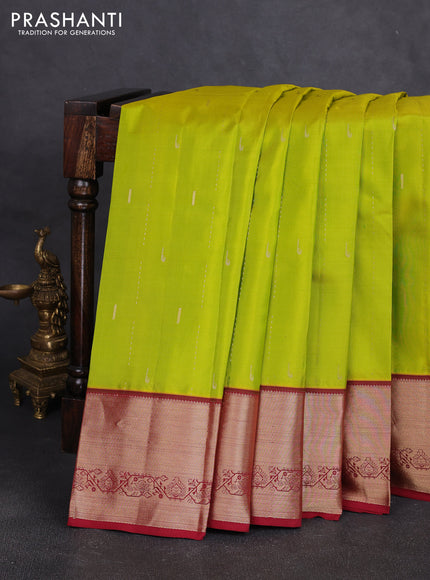 Pure kanchipuram silk saree lime green and maroon with allover zari weaves & muniya buttas and rich zari woven korvai border