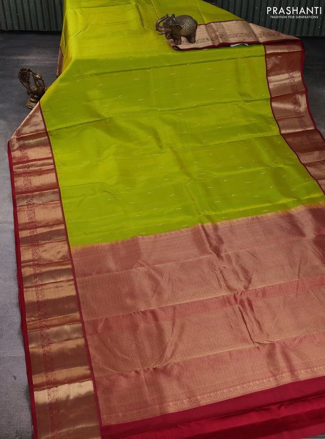 Pure kanchipuram silk saree lime green and maroon with allover zari weaves & muniya buttas and rich zari woven korvai border