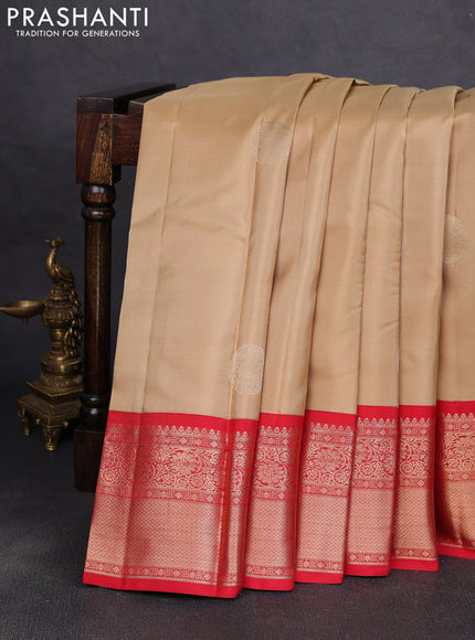 Pure kanchipuram silk saree sandal and red with rudraksha zari woven buttas and zari woven korvai border