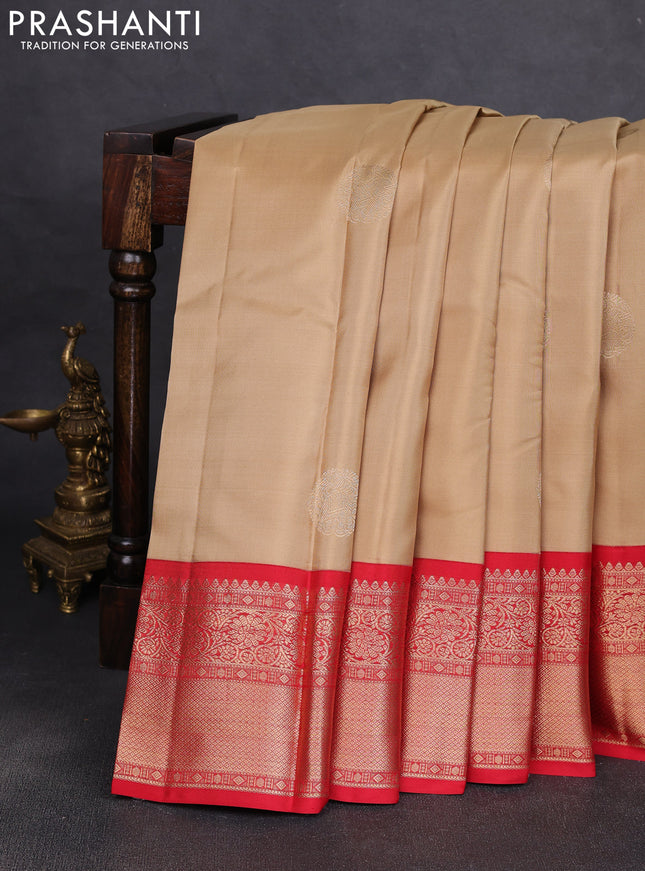 Pure kanchipuram silk saree sandal and red with rudraksha zari woven buttas and zari woven korvai border