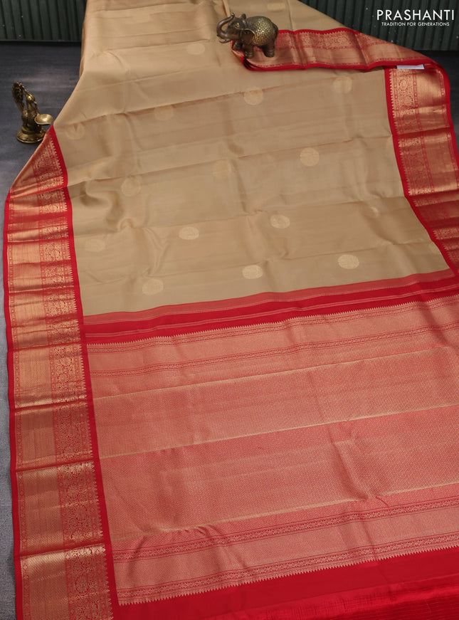 Pure kanchipuram silk saree sandal and red with rudraksha zari woven buttas and zari woven korvai border