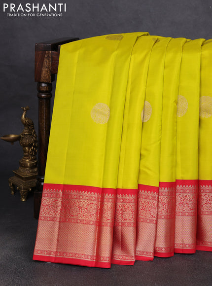 Pure kanchipuram silk saree lime yellow and red with rudraksha zari woven buttas and zari woven korvai border
