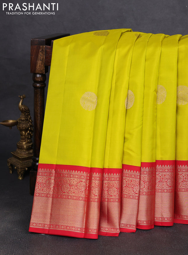 Pure kanchipuram silk saree lime yellow and red with rudraksha zari woven buttas and zari woven korvai border