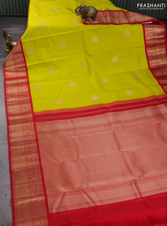 Pure kanchipuram silk saree lime yellow and red with rudraksha zari woven buttas and zari woven korvai border
