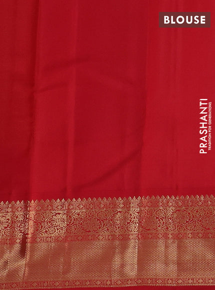 Pure kanchipuram silk saree lime yellow and red with rudraksha zari woven buttas and zari woven korvai border