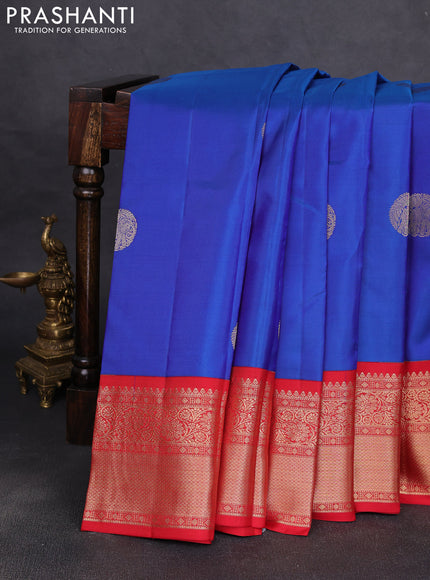 Pure kanchipuram silk saree blue and red with rudraksha zari woven buttas and zari woven korvai border