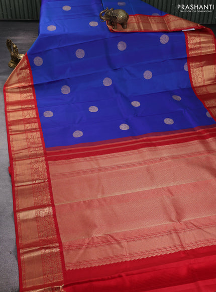 Pure kanchipuram silk saree blue and red with rudraksha zari woven buttas and zari woven korvai border