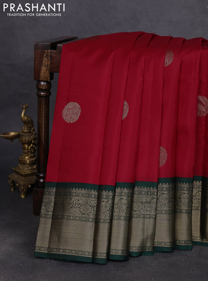 Pure kanchipuram silk saree red and bottle green with rudraksha zari woven buttas and zari woven korvai border