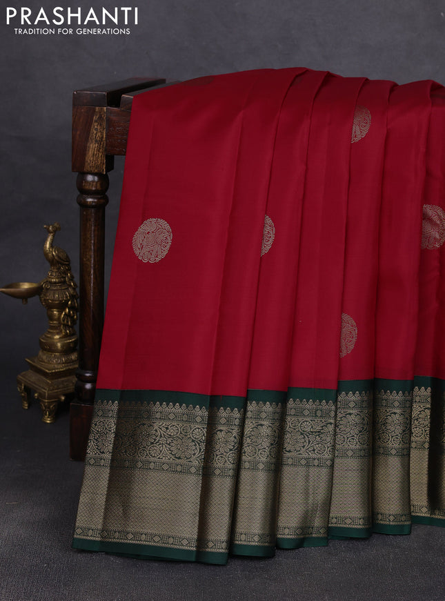 Pure kanchipuram silk saree red and bottle green with rudraksha zari woven buttas and zari woven korvai border