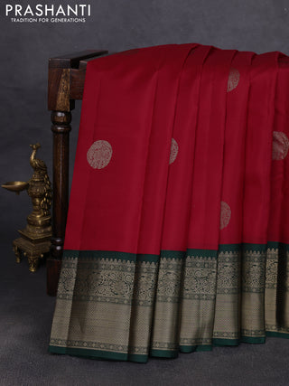 Pure kanchipuram silk saree red and bottle green with rudraksha zari woven buttas and zari woven korvai border