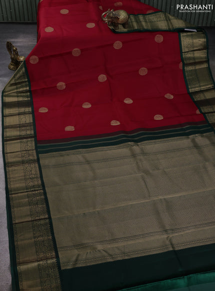 Pure kanchipuram silk saree red and bottle green with rudraksha zari woven buttas and zari woven korvai border