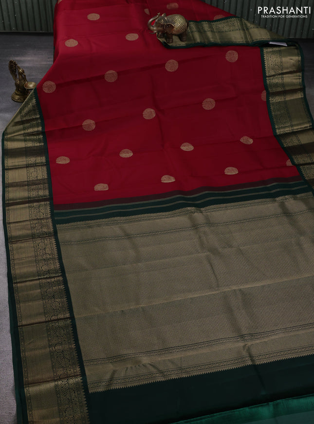 Pure kanchipuram silk saree red and bottle green with rudraksha zari woven buttas and zari woven korvai border