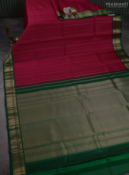Pure kanchipuram silk saree tomato pink and green with allover zari stripe pattern & buttas and zari woven korvai border