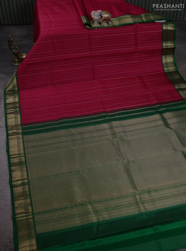 Pure kanchipuram silk saree tomato pink and green with allover zari stripe pattern & buttas and zari woven korvai border