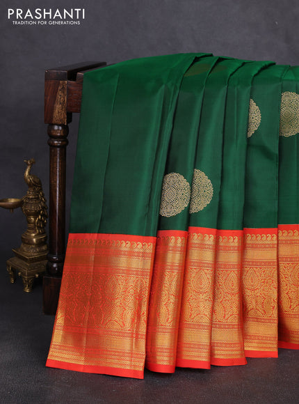 Pure kanchipuram silk saree green and orange with rudraksha zari woven buttas and zari woven korvai border