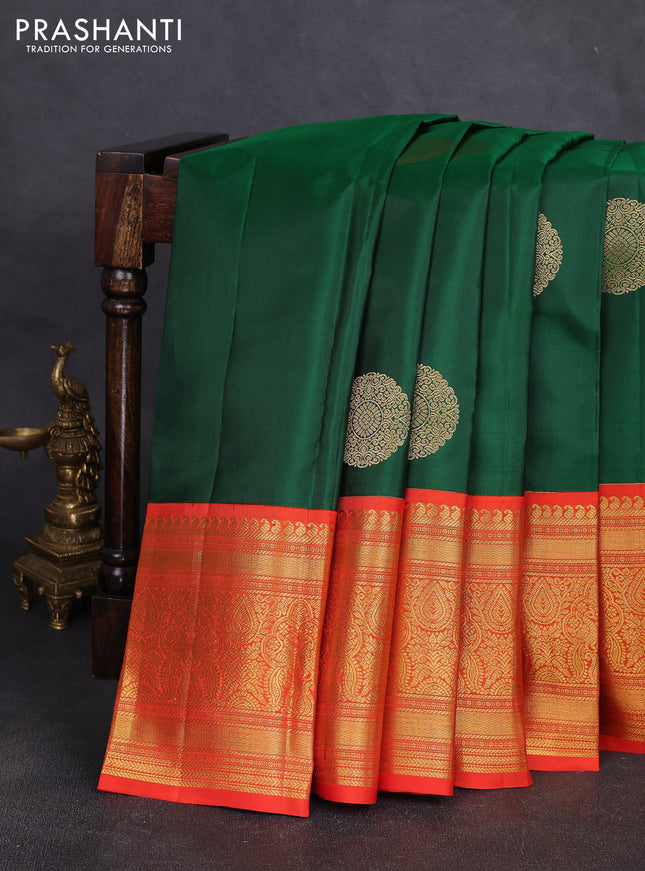 Pure kanchipuram silk saree green and orange with rudraksha zari woven buttas and zari woven korvai border