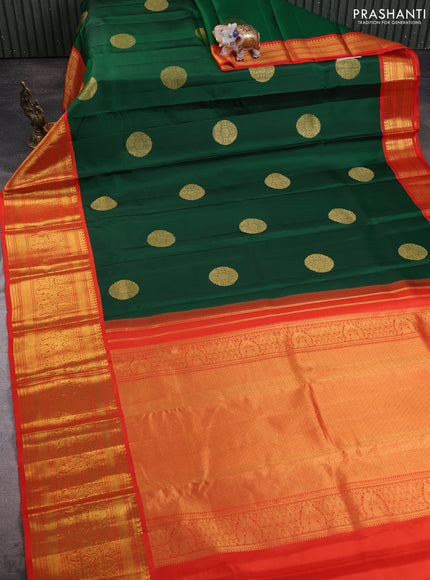 Pure kanchipuram silk saree green and orange with rudraksha zari woven buttas and zari woven korvai border