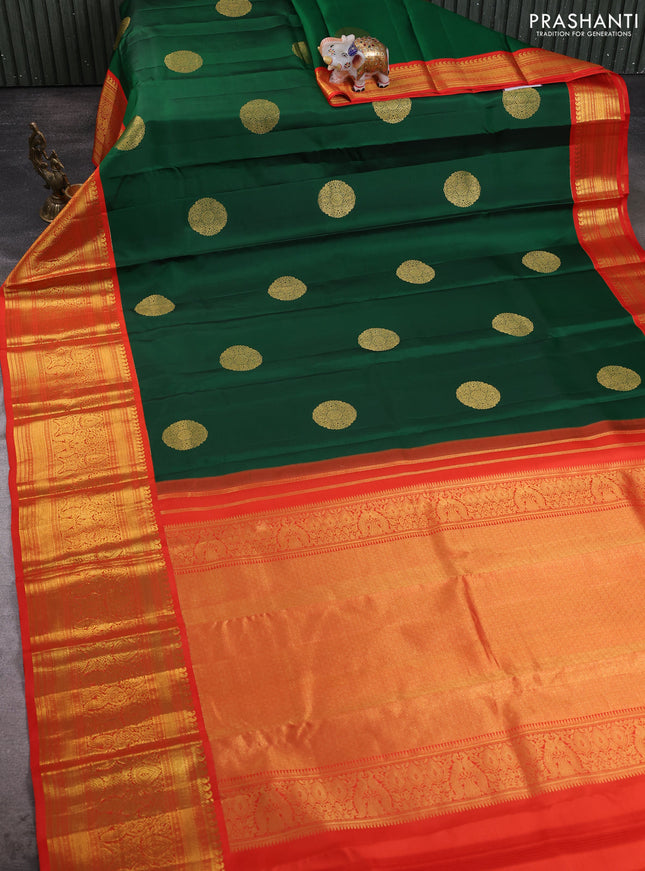 Pure kanchipuram silk saree green and orange with rudraksha zari woven buttas and zari woven korvai border