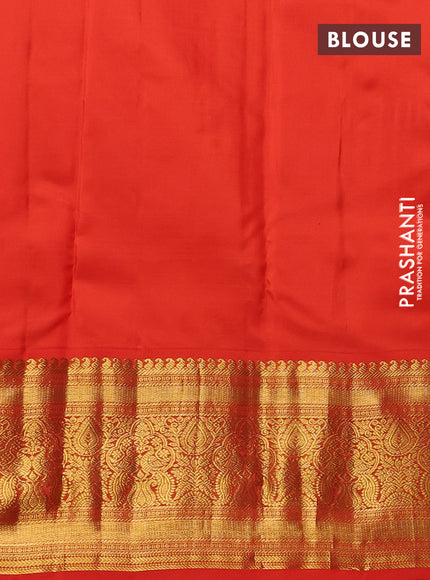 Pure kanchipuram silk saree green and orange with rudraksha zari woven buttas and zari woven korvai border
