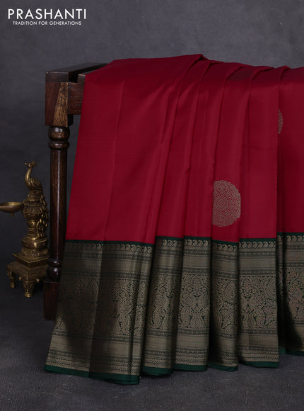 Pure kanchipuram silk saree red and bottle green with rudraksha zari woven buttas and long zari woven border