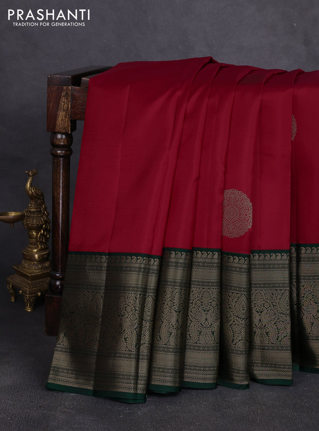 Pure kanchipuram silk saree red and bottle green with rudraksha zari woven buttas and long zari woven border