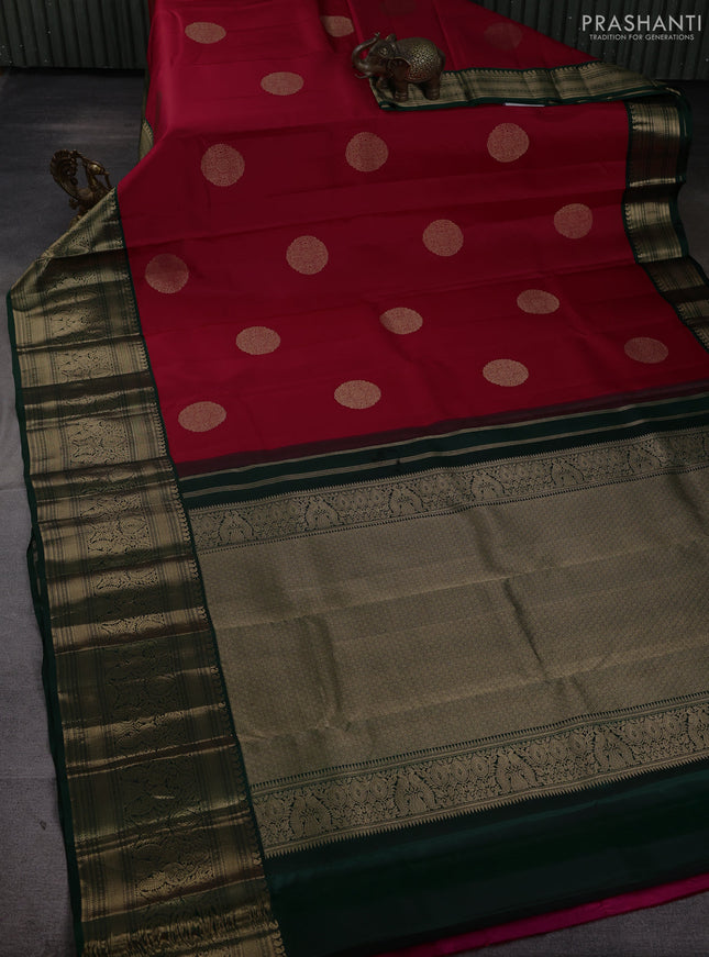 Pure kanchipuram silk saree red and bottle green with rudraksha zari woven buttas and long zari woven border