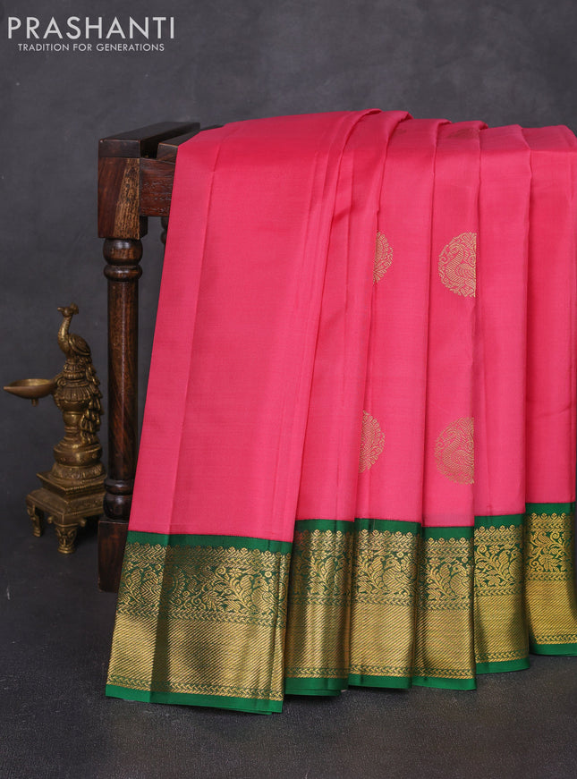 Pure kanchipuram silk saree peach pink and green with rudraksha zari woven buttas and zari woven korvai border