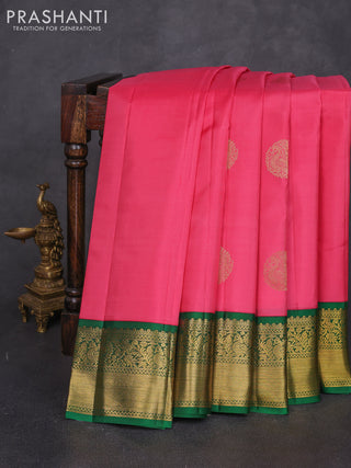 Pure kanchipuram silk saree peach pink and green with rudraksha zari woven buttas and zari woven korvai border