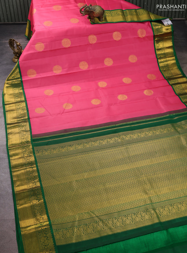 Pure kanchipuram silk saree peach pink and green with rudraksha zari woven buttas and zari woven korvai border