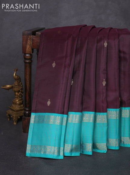 Pure kanchipuram silk saree coffee brown and teal blue with zari woven buttas and zari woven korvai border