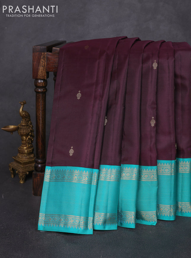 Pure kanchipuram silk saree coffee brown and teal blue with zari woven buttas and zari woven korvai border