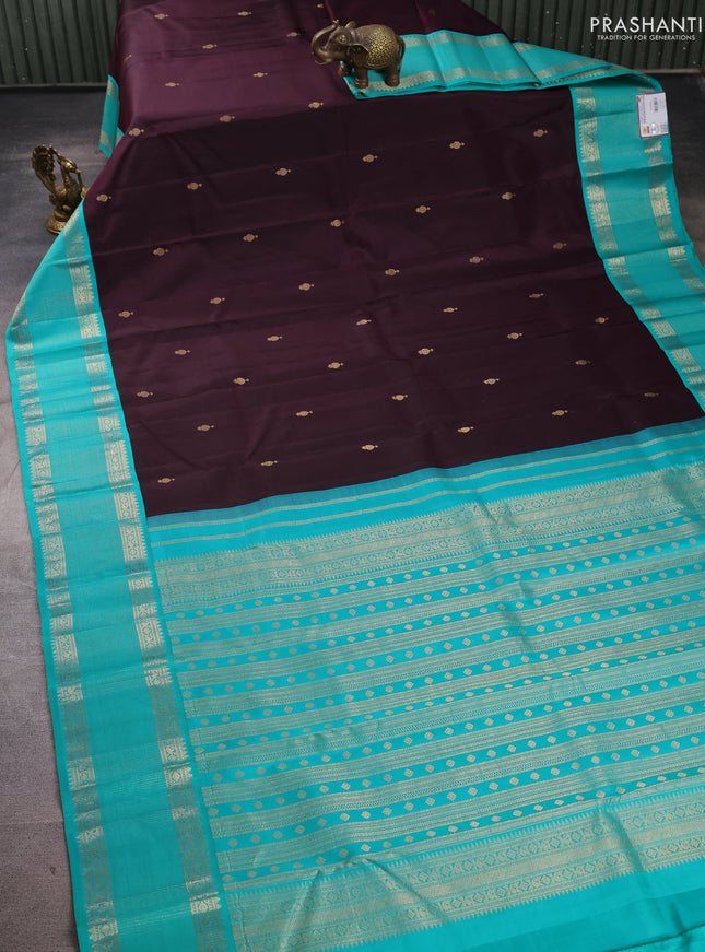 Pure kanchipuram silk saree coffee brown and teal blue with zari woven buttas and zari woven korvai border