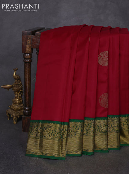 Pure kanchipuram silk saree red and green with rudhraksha zari woven buttas and zari woven korvai border