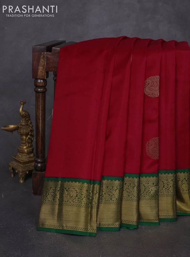 Pure kanchipuram silk saree red and green with rudhraksha zari woven buttas and zari woven korvai border