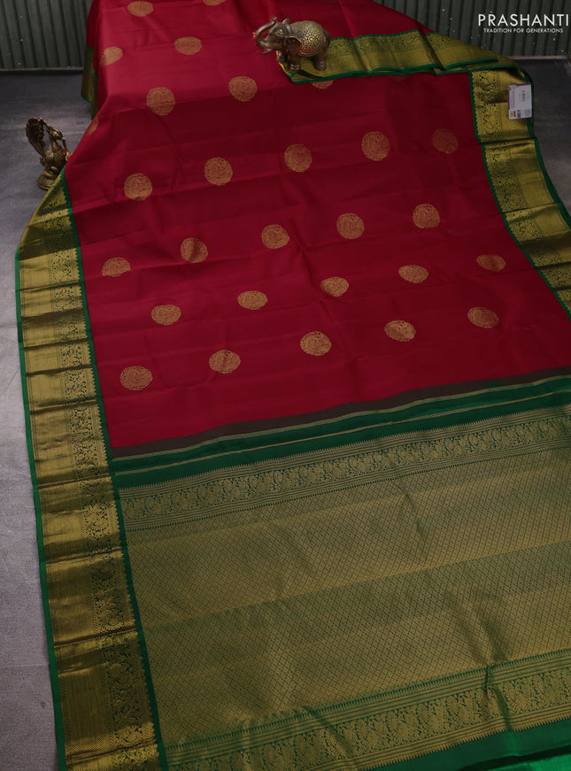 Pure kanchipuram silk saree red and green with rudhraksha zari woven buttas and zari woven korvai border