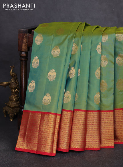 Pure kanchipuram silk saree dual shade of greenish yellow and red with allover zari woven buttas and zari woven korvai border