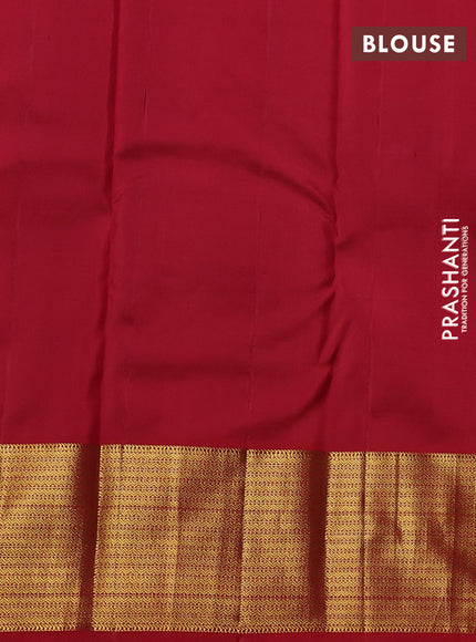 Pure kanchipuram silk saree dual shade of greenish yellow and red with allover zari woven buttas and zari woven korvai border
