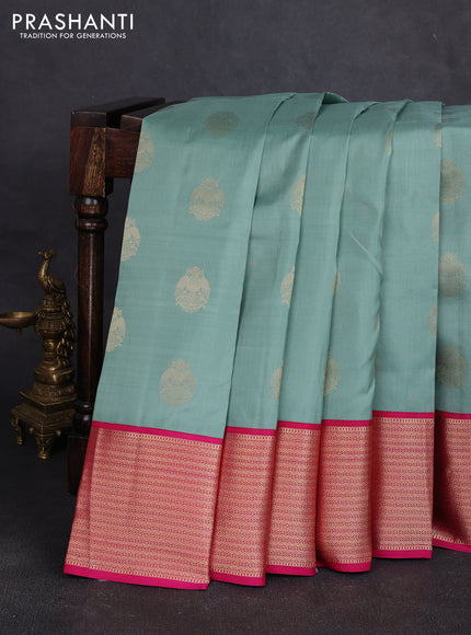 Pure kanchipuram silk saree pastel green and pink with allover zari woven buttas and zari woven korvai border