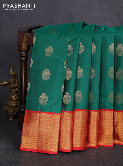 Pure kanchipuram silk saree green and red with allover zari woven buttas and zari woven korvai border