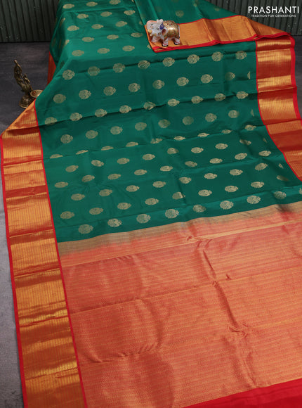 Pure kanchipuram silk saree green and red with allover zari woven buttas and zari woven korvai border