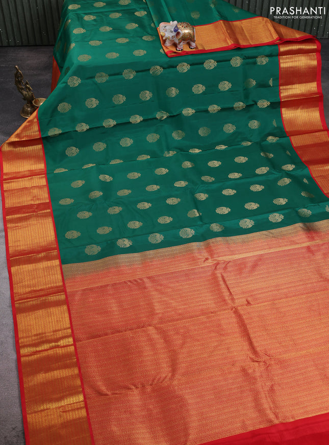 Pure kanchipuram silk saree green and red with allover zari woven buttas and zari woven korvai border