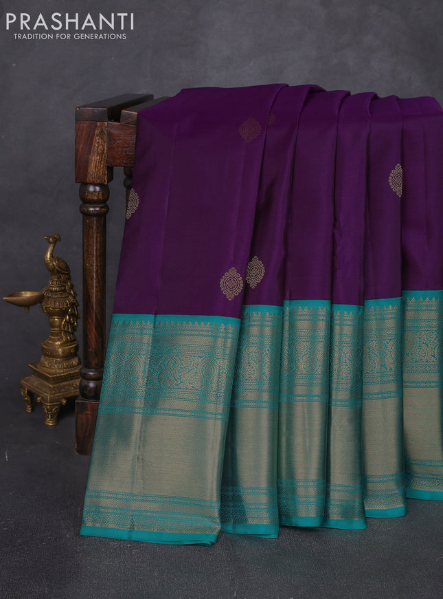 Pure kanchipuram silk saree violet and teal green with zari woven buttas and long zari woven korvai border