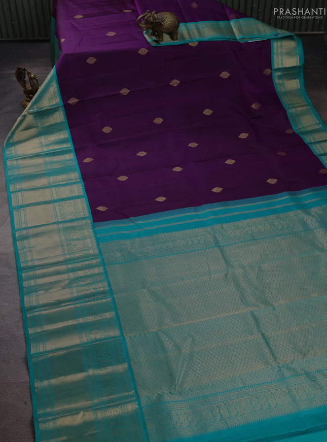 Pure kanchipuram silk saree violet and teal green with zari woven buttas and long zari woven korvai border
