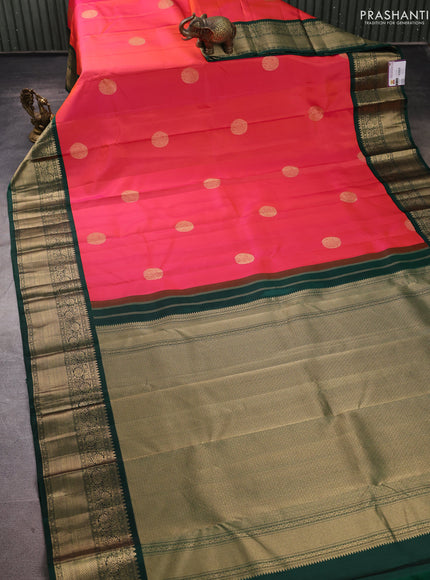 Pure kanchipuram silk saree dual shade of pinkish orange and green with rudraksha zari woven buttas and long zari woven korvai border