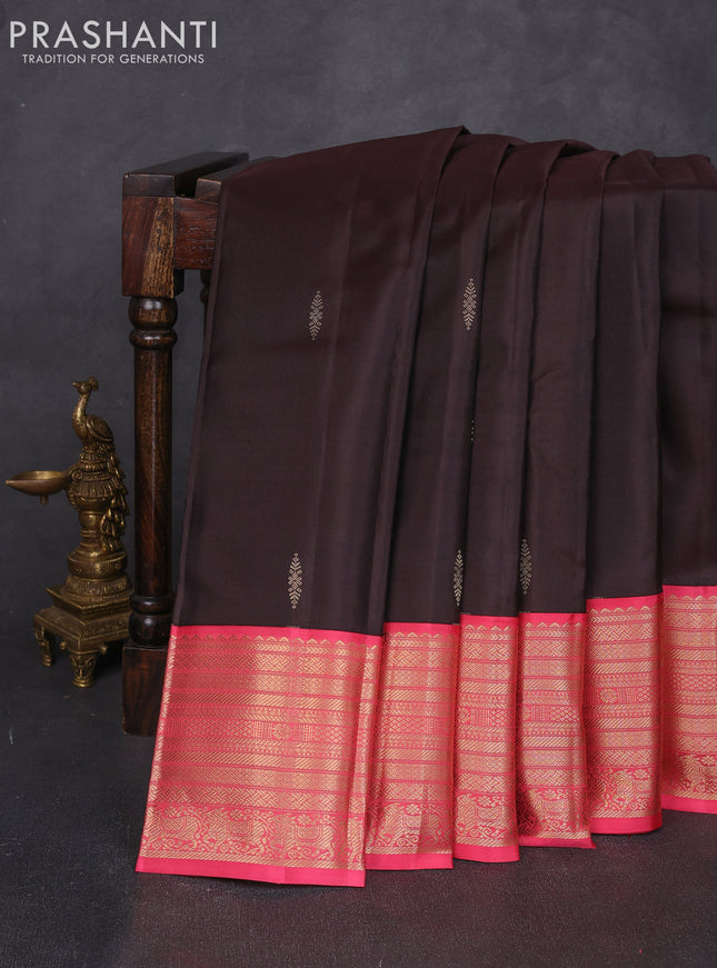 Pure kanchipuram silk saree coffee brown and peach pink with zari woven buttas and long zari woven korvai border