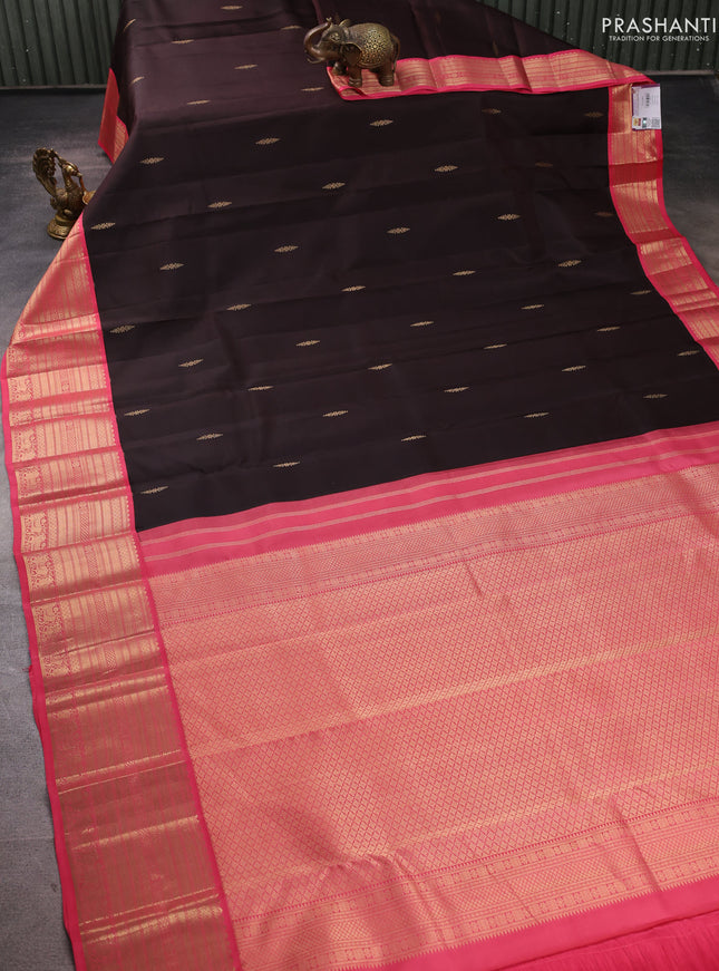 Pure kanchipuram silk saree coffee brown and peach pink with zari woven buttas and long zari woven korvai border