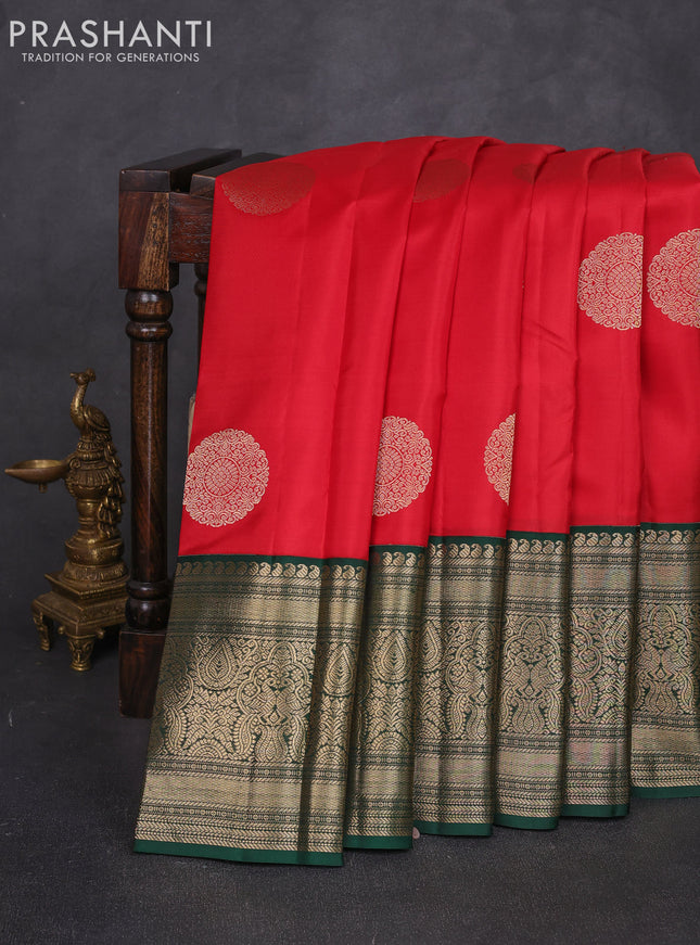Pure kanchipuram silk saree red and green with rudraksha zari woven buttas and long zari woven korvai border