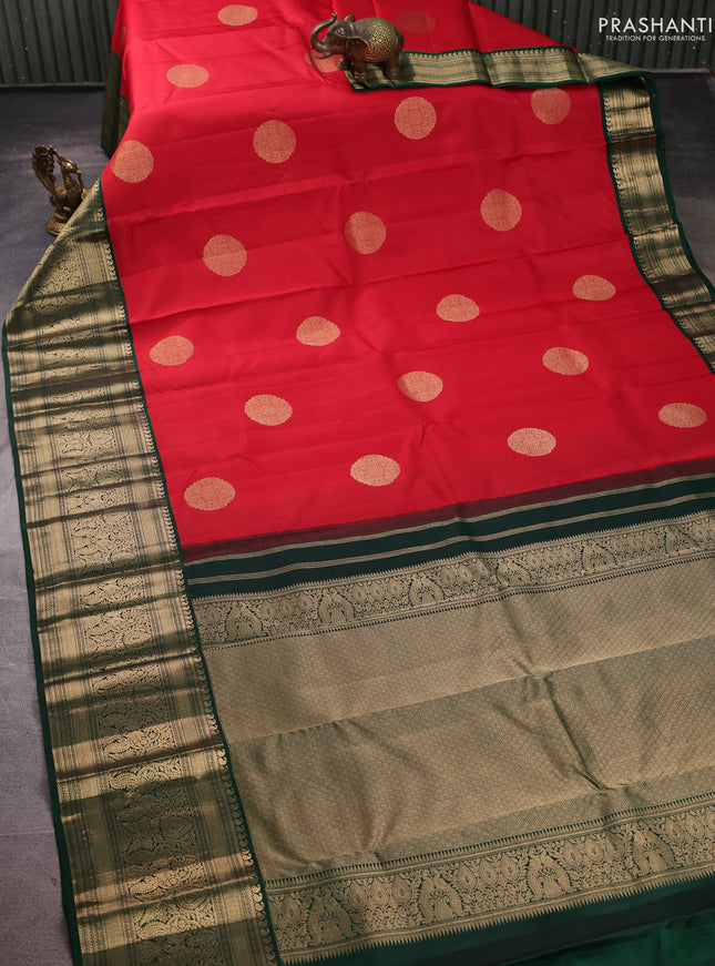Pure kanchipuram silk saree red and green with rudraksha zari woven buttas and long zari woven korvai border