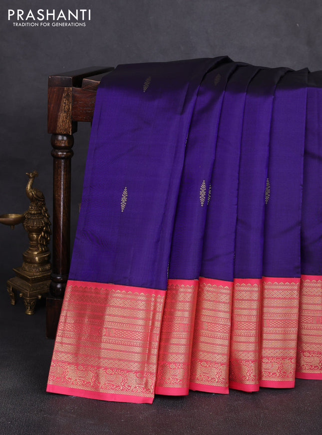 Pure kanchipuram silk saree violet and peach pink with zari woven buttas and long zari woven korvai border